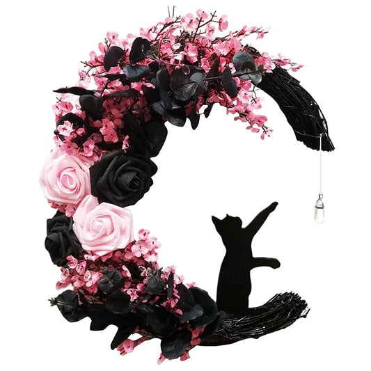 Halloween Wreaths for Front Door with Lights, Black Cat on Moon Garland with Rose Wreath Decor, Halloween Decorations Crescent Moon Wreath for Home Party Window Wall Indoor Outdoor (pink moon cat)