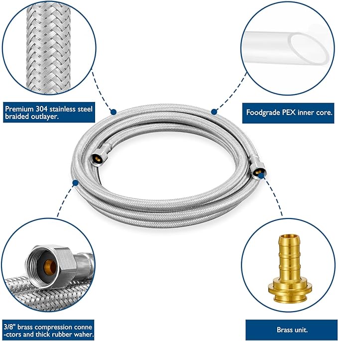 Dishwasher Installation Kit - 15 FT Stainless Steel Braided Dishwasher Hose kit,Food Grade PEX Inner Tube Dishwasher Water Line with 3/8"x3/8"x3/8" Tee Stop Valve,3/8"x3/8"MIP Elbow,3/8"x3/4"FHT Elbow