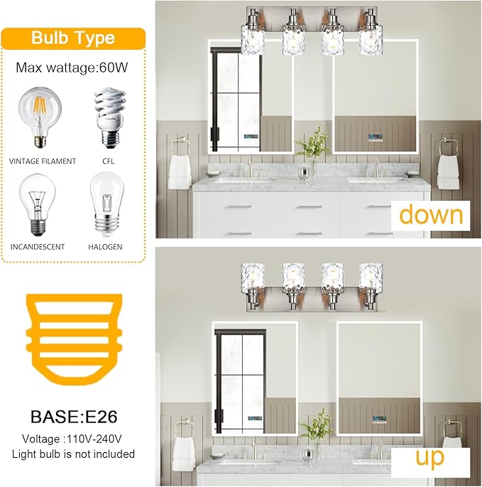 BONLICHT 4-Light Bathroom Vanity Light Fixture Brushed Nickel Industrial Wall Sconce Lighting with Hammered Glass Shade for Living Room Bedroom Hallway Porch Workshop Dressing Table