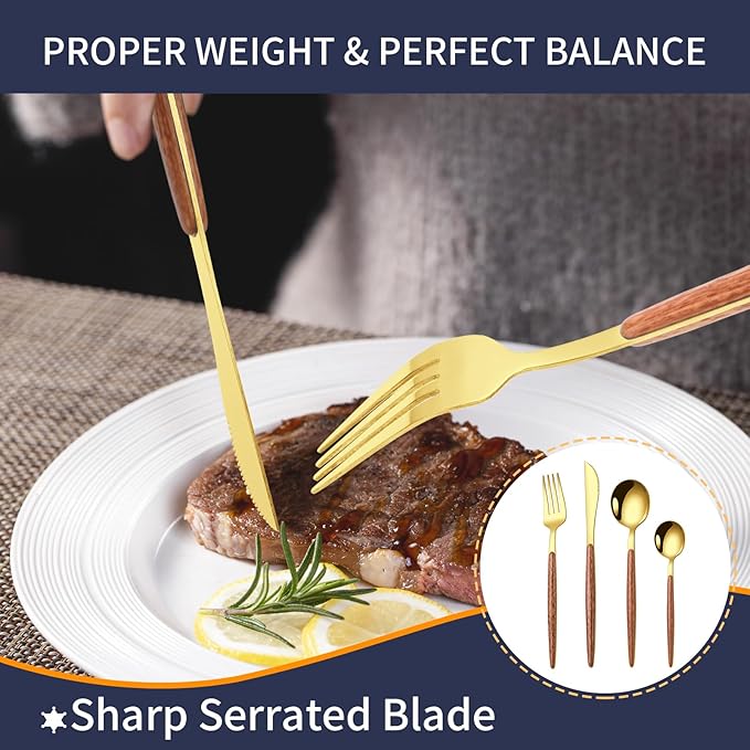 16 Pcs Gold Silverware Set with Simulated Wooden Handle for 4,Stainless Steel Cutlery Set,Mirror Polished Tableware Utensils Flatware Set,Include Knives Spoons and Forks set,Dishwasher Safe