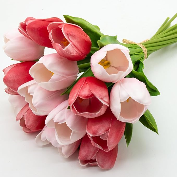 Buart Artificial Tulip in Bulk for Home Kitchen Wedding Bridal Bouquet,Fake Flowers for Valentine's Day Mother's Day Easter Table Centerpieces Decorations(Large Size,Multi Pink,Real-Touch,12pcs)