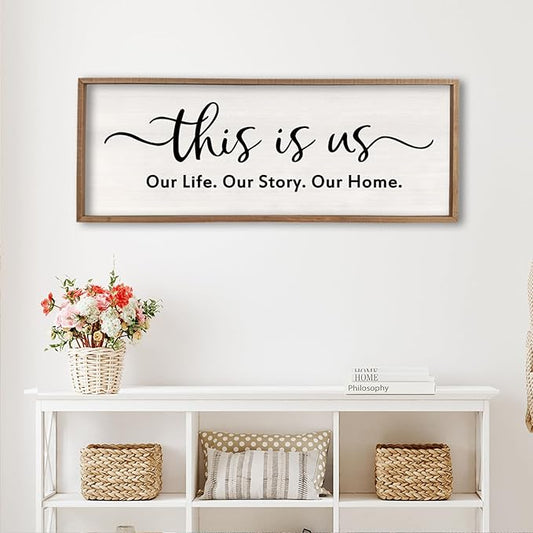 This is us Wall Decor Sign 40'' x 15'' Large Master Bedroom Home Life Story Wood Framed Vintage Family Sign Rustic Plaque Living Room Minimalist Farmhouse Hanging Wall Art (Wood)