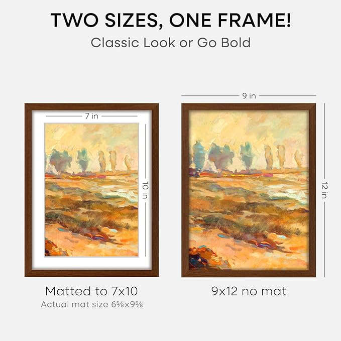 Homeforia 9x12 Picture Frame Brown, High End Dark Oak 9 x 12 Walnut Wooden Frames with Mat 7 by 10 Photo, 12x9 Wood Frame Matted to 7x10 Art, Wall or Tabletop Frame, Tempered Glass, Wall Kit, Set of 1