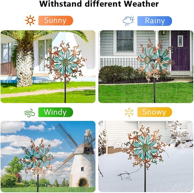 Viveta Wind Spinners Outdoor, Metal Wind Sculptures for Yard and Garden,13 * 57 "Double Windmill with Stable Stake