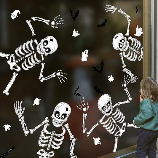 Halloween Window Skeleton Clings – 8 Sheets of Extra Large Cute and Scary Skeletons, Ghosts, and Bats for Home, School, Car Windows, Office, and Party Decor