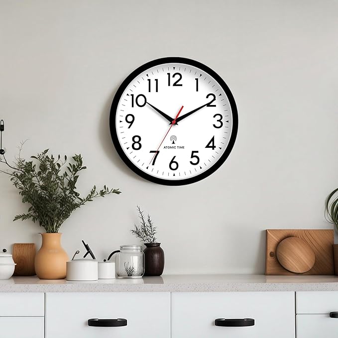 Atomic Wall Clock Analog 12 Inch Battery Operated Modern Decorative for Living Room Kitchen Office Bedroom Bathroom(Black)
