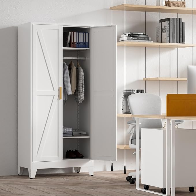 71'' Farmhouse Metal Wardrobe Cabinet with Hanging Rod, 2 Barn Door Wardrobe Closet with 2 Adjustable Shelves,for Dining Room,Bedroom,Living Room, Cloak Room,Office (White)