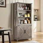 70in Tall Bookshelf 5 Tier Bookcase with Barn Doors and Adjustable Shelves, Grey Farmhouse Book Shelf with Storage Cabinet, Wood Freestanding Display Bookshelves for Bedroom, Living Room
