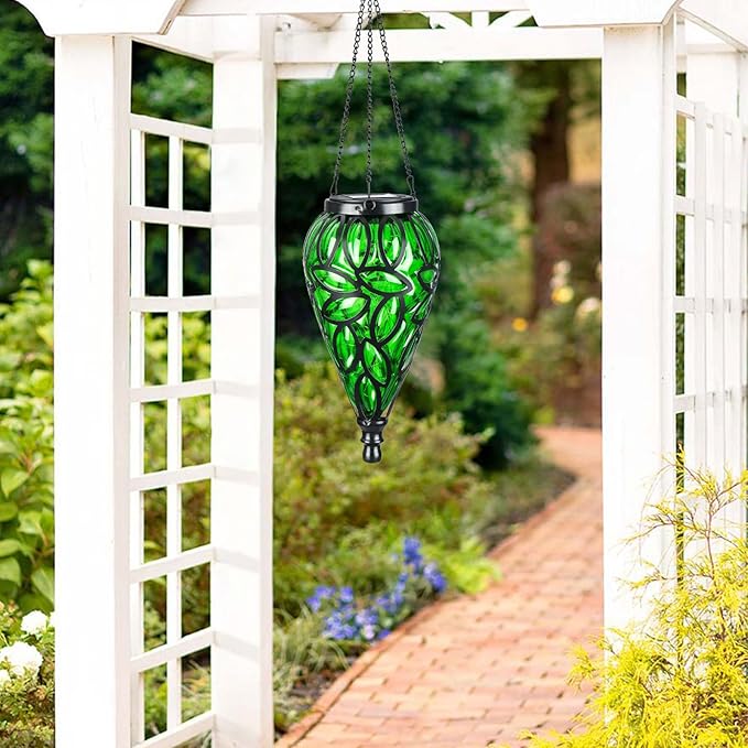 SUNNYPARK Outdoor Plastic Solar Hanging Lantern, 15 Cool White LEDs Twinkle Effect Tear-Shaped Hanging Lantern Decor Garden Decorative Solar Lights for Backyard, Patio and Lawn