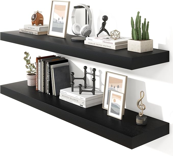 Heimlove 48" Black Floating Shelves for Wall,10 Deep Rustic Wood Display & Storage Wall Shelves with Heavy Duty Brackets for Bathroom,Bedroom,Kitchen,Living Room,Office,Set of 2