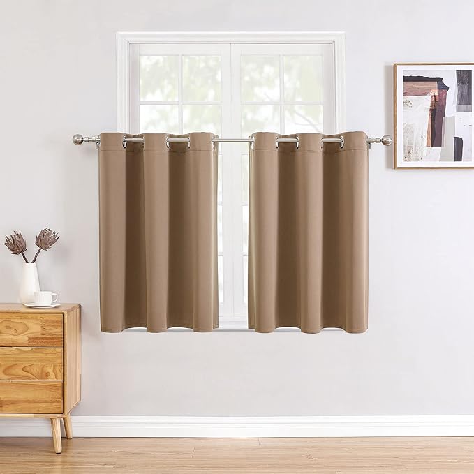 ChrisDowa Small Window Curtains for Kitchen and Bedroom - Grommet Short Thermal Insulated Room Darkening Curtains (2 Panels, Cappuccino, 42 x 36 Inch)