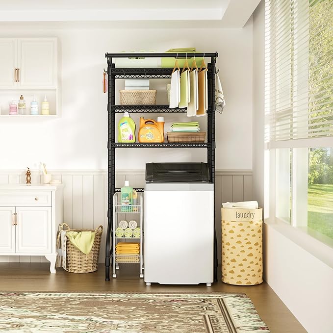 Ulif U11 Over Washer and Dryer Shelves, 3 Tiers Laundry Room Storage and Organizer Standing Shelf, Metal Freestanding Clothes Drying Rack, 33.9" W x 19.7" D x 77.6" H, Black