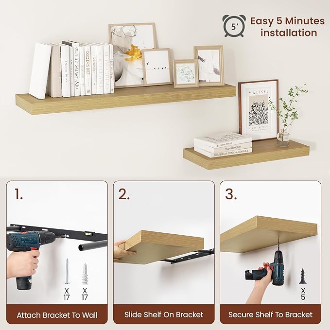 12 Inch Deep Floating Shelves 36 inch Long, 36 x 12 Wide Wall Shelves with Invisible Brackets, Heavy Duty Shelf for Bedroom Bathroom Living Room Kitchen Office Home Decor, Modern Shelf Set of 2, Oak