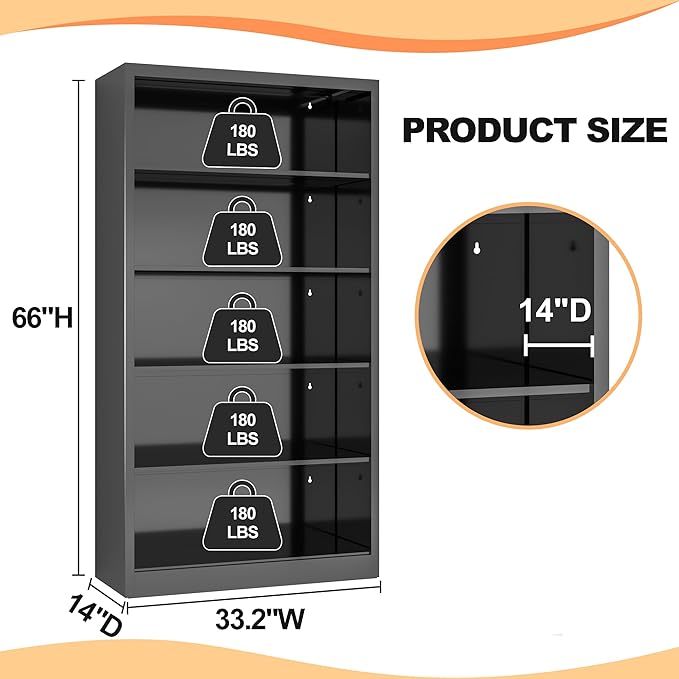 66" Tall Metal Bookcase, 5 Shelf Black Bookcase with Adjustable Shelves, Large Bookshelves and Bookcases, Modern Book Shelf Storage Organizer for Living Room, Home Office, Library (Black)