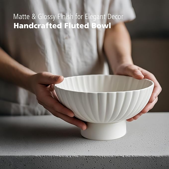 White Ceramic Fluted Decorative Bowl - 8 inch Fruit Footed Bowl for Kitchen Counter, Modern Key Pedestal Ruffle Bowl for Entryway Table & Home Organization-Fits Bread, Fruits, Salad or Popcorn