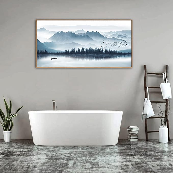 Indigo Framed Canvas Wall Art Misty Mountain Wall Pictures Foggy Lake Boat Canvas Painting Prints Forest Birds Canvas Wall Decor for Living Room Bedroom Decorations Natural Framed 24" x 48"