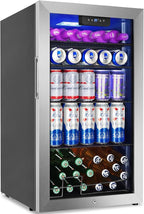 128 Cans Beverage Refrigerator Cooler, 3.2 Cu.Ft Mini Drink Fridge Glass Door for Drink Beer Soda Wine, Beer Fridge with 4 Removable Shelves for Kitchen Bedroom, Office Bar Gaming Room,Stainless Steel