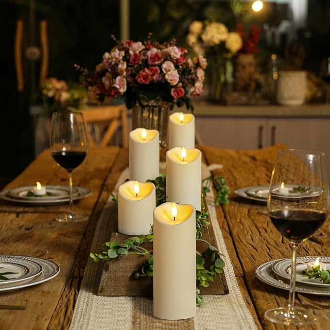 Homemory Outdoor Waterproof Flameless Candles, LED Candles, Battery Operated Candles with Remote and Timers, Electric Fake Plastic Pillar Candles, Ivory White, D3 H4 5" 6" 8" 8", Set of 5