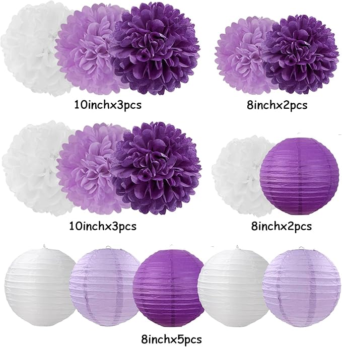 Purple-White Lavender Party Decorations Paper Flowers Lanterns - 15PCS Birthday Graduation Tissue Pom Poms Streamers, Baby Bridal Shower Wedding Retirement Bachelorette Hanging Supplies Decor Hugfond