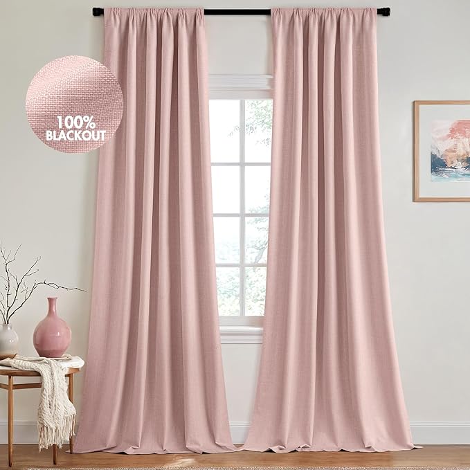 MIULEE 100% Blackout Curtains 120 Inch Long 2 Panels for Bedroom, Thick Luxury Faux Linen Black Out Curtain Room Darkening Back Tab Pleat Window Textured Drapes with Hooks for Living Room, Baby Pink
