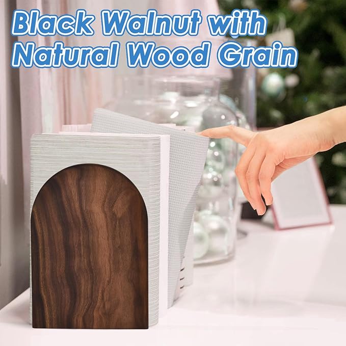 Book Ends, Large Sturdy Wooden Bookends for Shelves - Heavy Duty Non-Slip Book Organizers, Decorative Bookend Holders for Home Office, Library, Black Walnut Universal Economy Bookend, 1 Pair