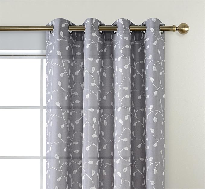 MIUCO Floral Embroidered Semi Sheer Curtains Linen Look Grommet Curtains for Living Room 52 x 84 Inch Set of 2, Grey