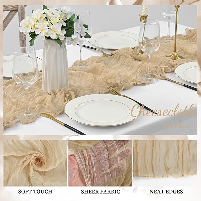 Sand 12 Pack 10FT Cheesecloth Table Runner 20 x 120 Inch Long Rustic Gauze Cheese Cloth Table Runner for Wedding Bridal Baby Shower Table Decorations Boho Fabric Sheer Birthday Party Table Decor