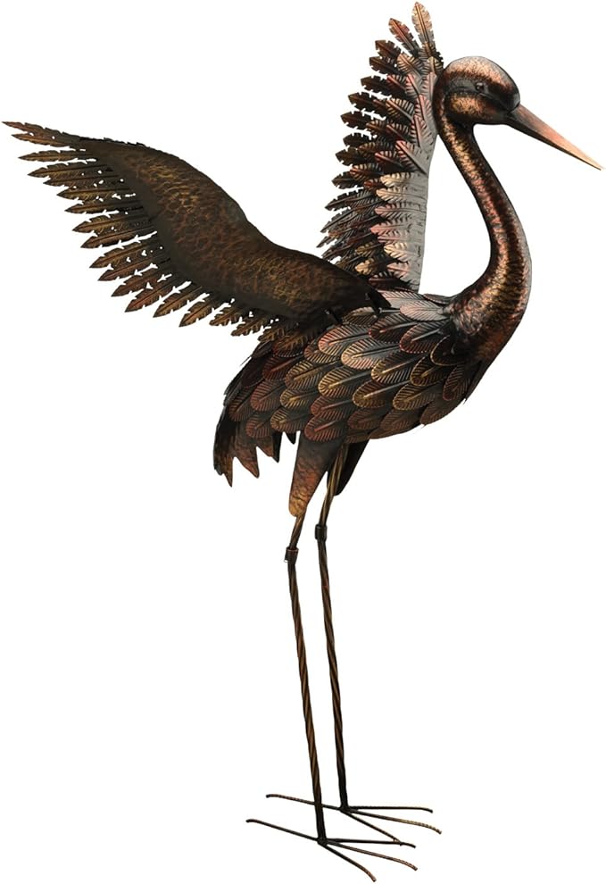 Regal Art & Gift Outdoor Garden Décor, Unique Bird Sculpture, Rustic Metal Bird Statues, Garden Ornaments, Bird Figurine for Lawn, Decorative Sculpture, Crane, Multi, Wings Down, 42" Height