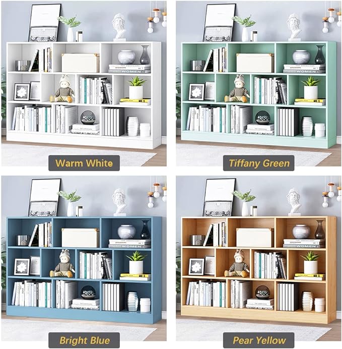 IOTXY Open Shelf Low Bookcase - Wooden 3-Tier Floor Standing Display Cabinet Organizer with Base, 10 Cubes Short Horizontal Bookshelf in Bright Blue