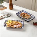 Selamica Ceramic Rectangular Salad Plates Set, Dinner Plate 9.4 Inch Dessert Plates for Party Entertaining, Small Serving Plates for Appetizers, Sushi, Fruit, Set of 4, Vintage Blue