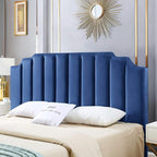 24KF Navy Blue Velvet Tufted King Upholstered Headboard, Modern Vertical Channel Design California King Headboard with Stepped Silhouette Top Edge, Navy Blue