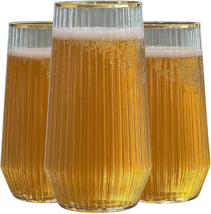 48 Pack Ribbed Ripple Stemless Toasting Glasses, Origami Durable 9 Oz BPA-Free Disposable Plastic Champagne Flutes for Weddings, Bars, Events, and Celebrations (Gold Rim)