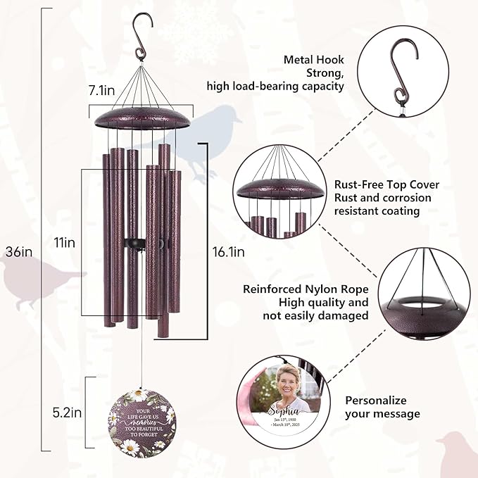 ASTARIN Personalized Deep Tone Wind Chime Memorial, Customized Sympathy Wind Chimes, Memory Wind Chimes for Loved Ones Lost, Bereavement Gifts Windchimes Outdoor