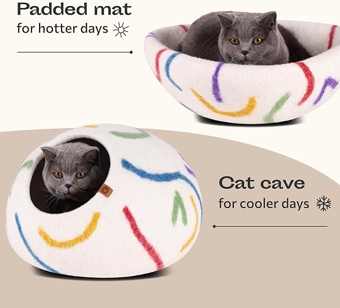 MEOWFIA Cat Cave – Premium Felt Cat Bed for Indoor Cats, Handmade 100% Merino Wool (Large, Ivory Rainbow)