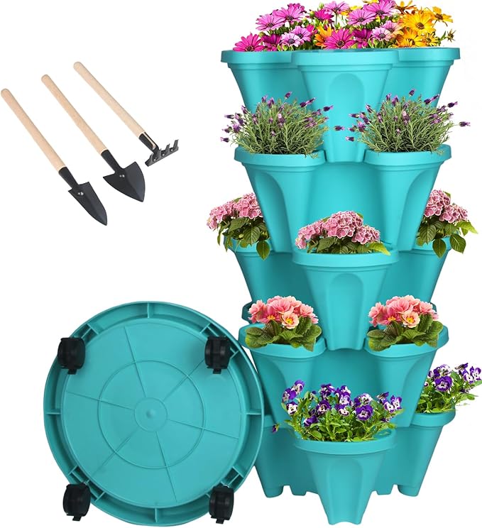 Vertical Planter 5 Tier Stackable Planters Garden Planters Strawberry Herb Flower and Vegetable Planter Indoor Outdoor Gardening Pots with Removable Wheels and Tools