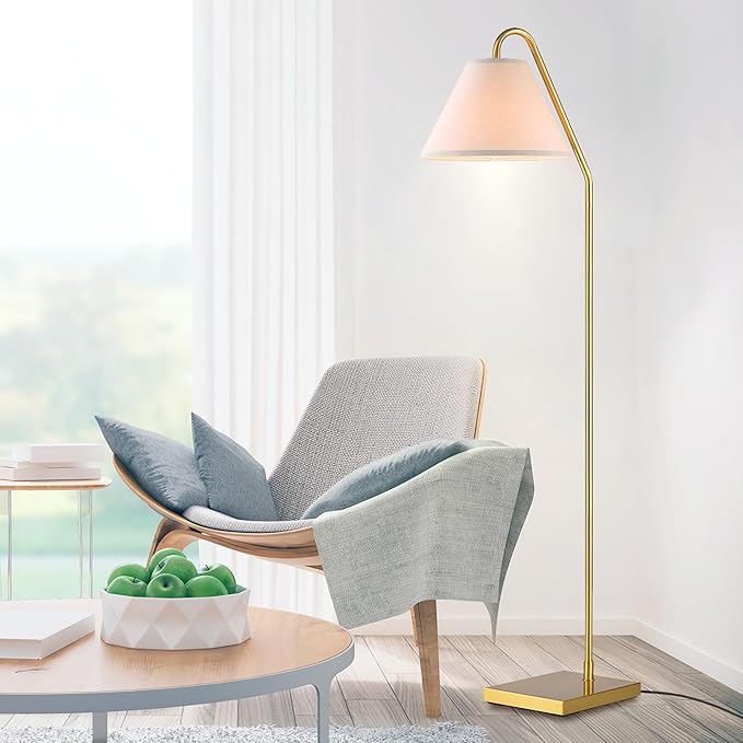 GLOBE Electric 61000147 62" Floor Lamp, Matte Brass, Beige Fabric Shade, On/Off Rotary Switch on Socket, 6-Foot Clear Cord, Reading Light, Bedroom, Living Room, Home Decor