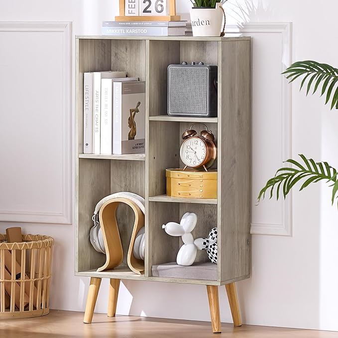 5 Cube Small Bookshelf - 3 Tier Mid-Century Modern Rustic Grey
