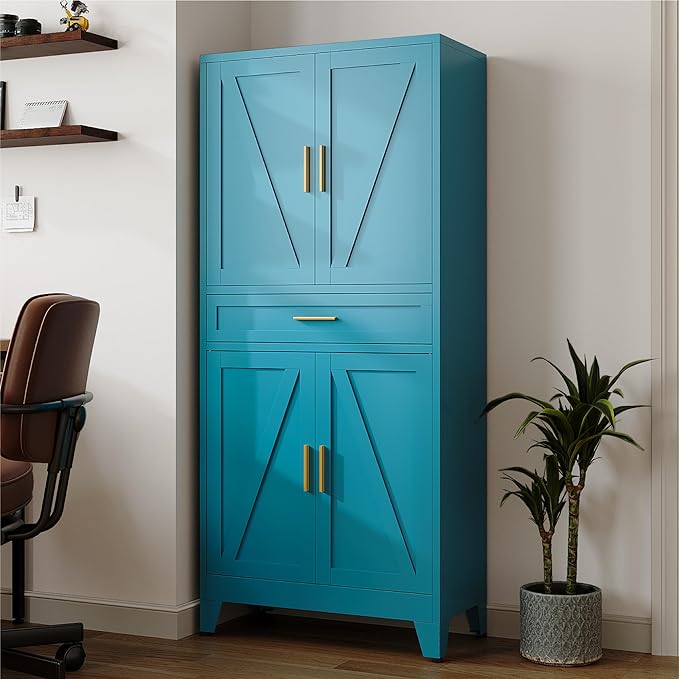 71 "Farmhouse Metal Filing Cabinet with a Drawer and 4 Adjustable Shelves, with 4 Large barn Door White Kitchen Cabinets, Metal Food Cabinets for Home, Kitchen, Dining/Living Room (Peacock Blue)