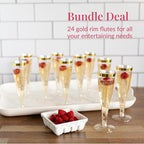 Prestee Set of 24 Plastic Champagne Flutes with Gold Rim - 4.5 oz - Shatterproof Disposable Glasses for Weddings, Cocktail Parties, and Outdoor Celebrations