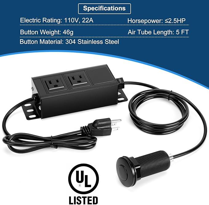Dual Outlet Garbage Disposal Air Switch Kit, UL Listed Sink Top Air Switch for Food Waste Disposal, 3.58” Extra Long Air Button, Black Stainless Steel