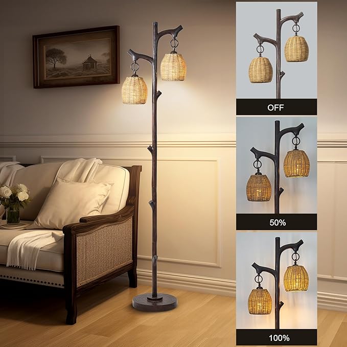 68" High Farmhouse Rustic Country Cottage Floor Lamp Tree Trunk Faux Wood Column Dark Bronze Wicker Drum Shade Decor for Living Room Bedroom Reading Room