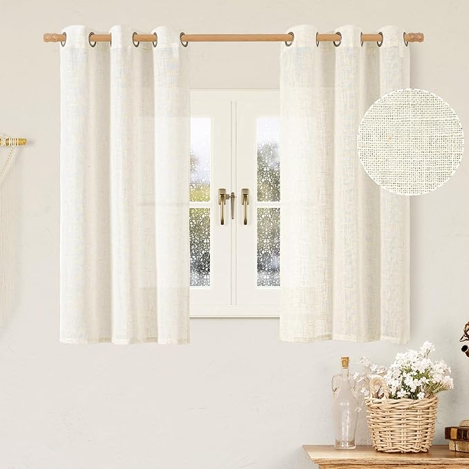 LAMIT Short Linen Sheer Curtains 54 inch Length for Windows, Cream Ivory Light Filtering Panels Bronze Grommet Boho Neutral Drapes for Bedroom/Bathroom/Cafe, 34 x 54 Inch, 2 Panels