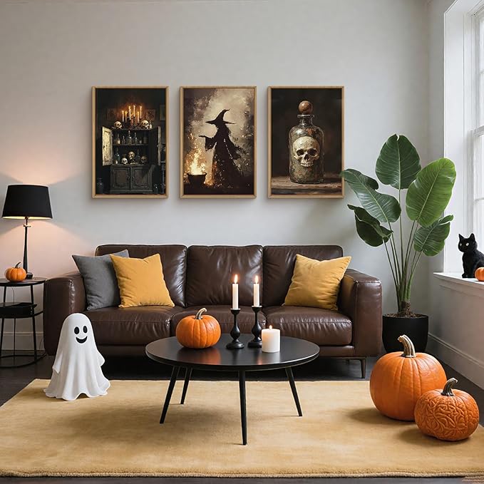 HPNIUB Halloween Witch Framed Canvas Wall Art Set, Terrifying Skeleton Poster Artwork, Vintage Halloween Wall Decor, Dark Academia Gothic Pictures for Bedroom Living Room Bathroom Party-16 x24 x3