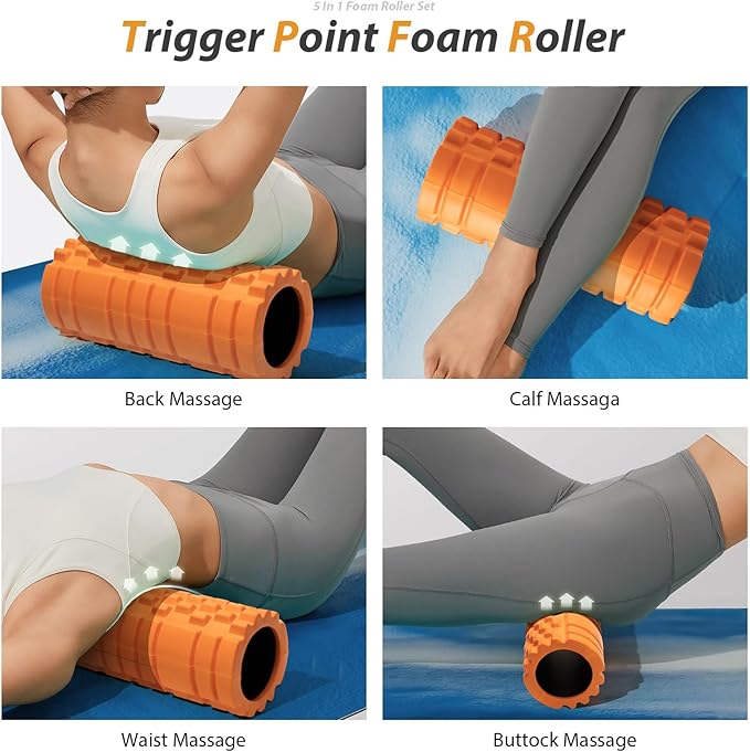 5 in 1 Foam Roller Set for Deep Tissue Muscle Massage, Trigger Point Fitness Exercise Foam Roller, Massage Roller, Massage Ball, Stretching Strap, for Whole Body (Orange-New)