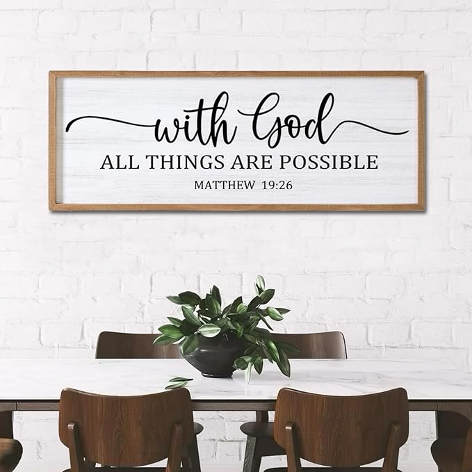 With God All Things are Possible Framed Wall Art, 40''×15'' Natural Religious Rustic Bible Verse for Christian God Jesus Christ Prayer, Holy Positive Horizontal Inspirational Catholic Scripture Decor
