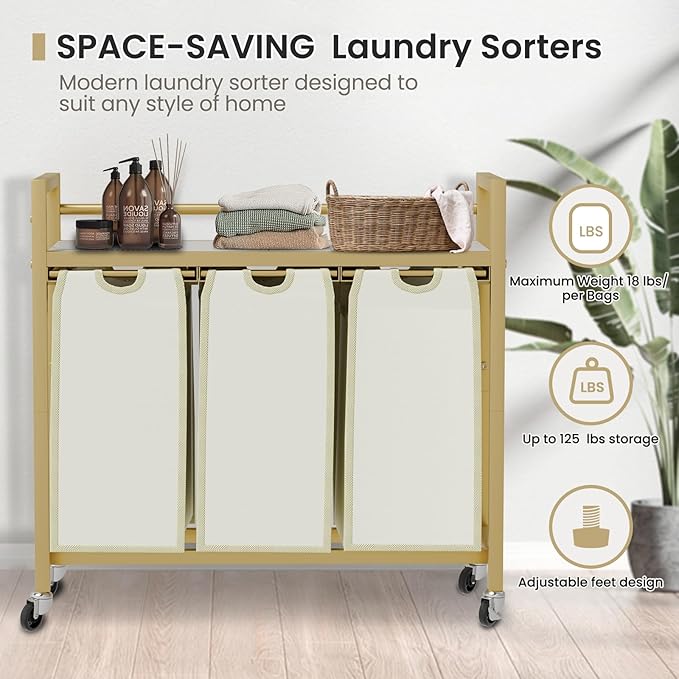 Laundry Hamper, Laundry Basket, Laundry Sorter with 3 Removable Bags, Clothes Basket with 3 Compartments, Wheels, Shelf for Laundry Room Bathroom Bedroom (3 Bags-Golden)
