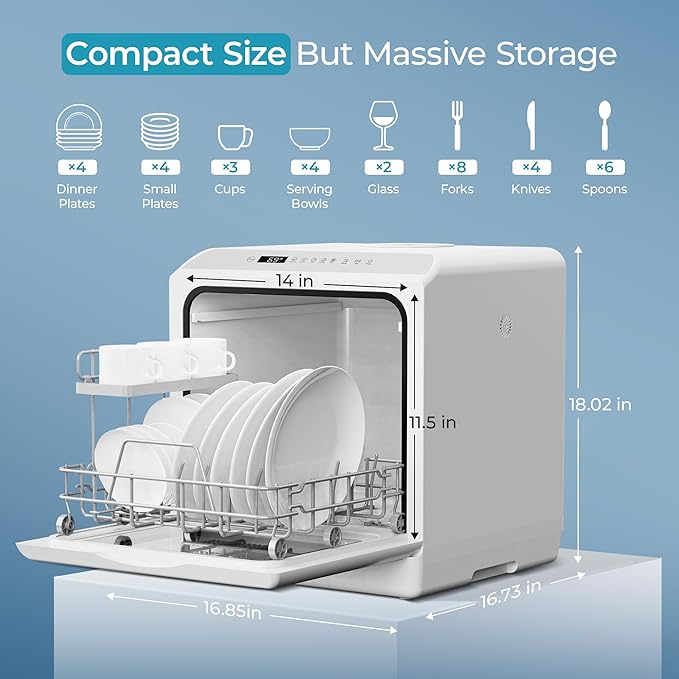 EUHOMY Portable Dishwasher Countertop Dishwasher, Mini Dishwasher Countertop with 5L Built-in Water Tank with 6 Modes, White, Table top dish washer with Baby Care for Apartment & RVs, No Hookup Needed