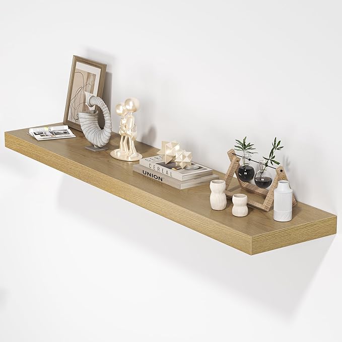 Floating Shelves for Wall, 48" W x 9.3" D x 1.5" H, Wooden Wall Mounted Display Shelves with Invisible Brackets for Living Room, Bedroom, Bathroom, Kitchen Decor and Storage, Set of 1, Oak