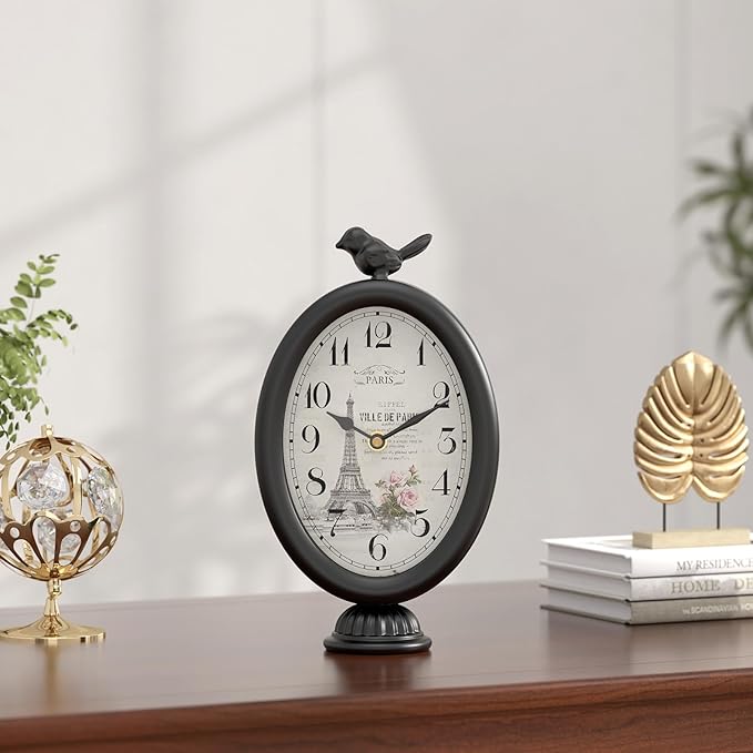 Vintage Table Clock with Bird, Desk and Shelf Decor Clock, French Paris Style, Antique Black Metal Mantel Clocks for Living Room, Farmhouse, Bedroom, Bedside, Gift (10" H x 5.9" W)