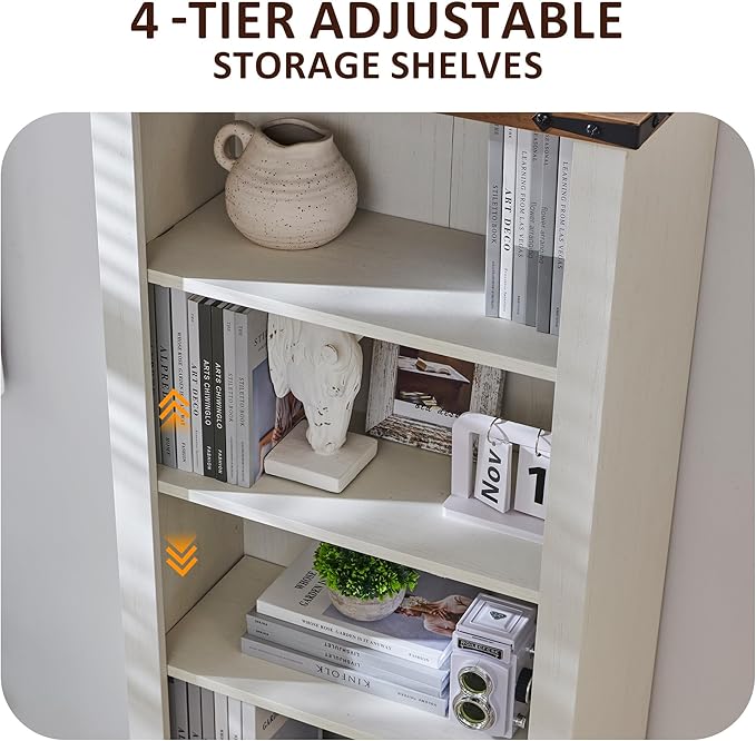 OKD 72'' Tall Bookshelf with Storage, Farmhouse 4 Tier Bookcase with Barn Door, Adjustable Shelves and Drawers, Rustic Wooden Office Bookshelves for Home Bedroom, Living Room, Library Antuique White